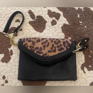 Leopard Print Accent Black Wristlet Clutch